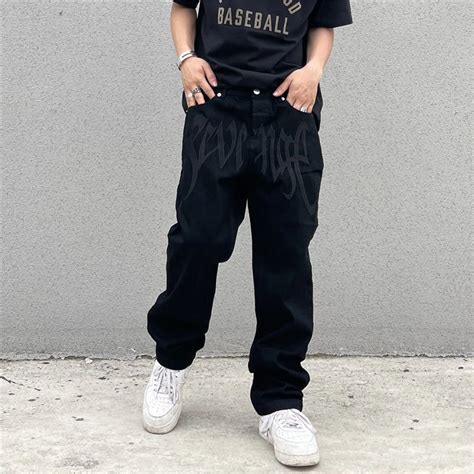 Y2k Emo Mens Fashion Black Streetwear Embroidered Low Rise Baggy Jeans