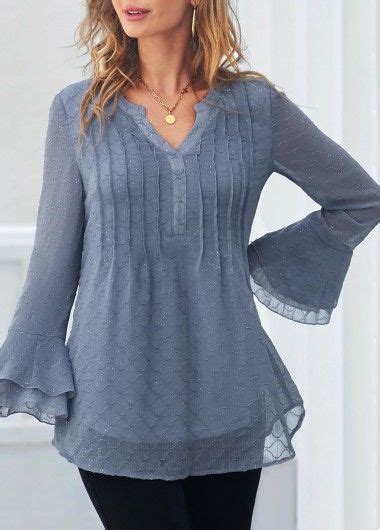 Bell Sleeve Tunic Blouse Rotita Dusty Blue Crinkle Chest Texture Hot