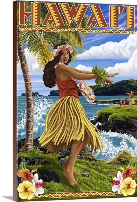 Hawaii Hula Girl On Coast Retro Travel Poster Wall Art Canvas Prints