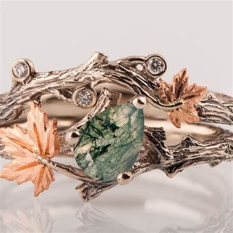 Twig And Leaf Bridal Set Moss Agate Engagement Ring Maple Etsy