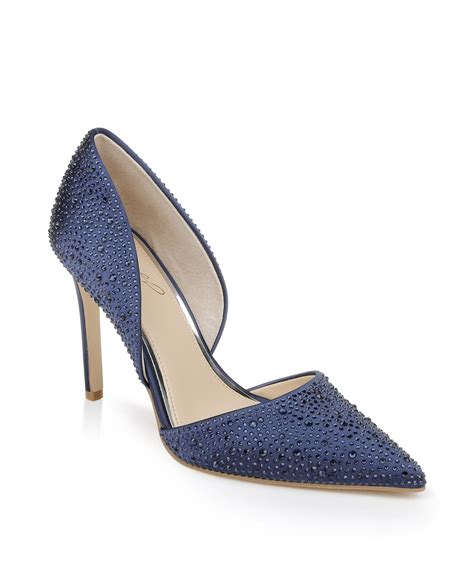 Jewel Badgley Mischka Justise Embellished Satin Dorsay Pump In Navy Modesens