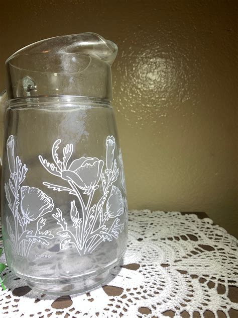 Vintage Glass Floral Etched Serving Pitcher Retro Clear Glass Etsy