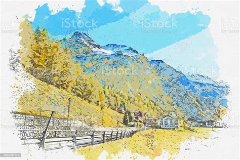 Watercolor Drawing Picture Landscape View Of Sulden Small Town At Bolzano Italy In Autumnnature