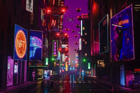 Metaverse Cyberpunk Style City Dengan Robot Berjalan Di Jalan