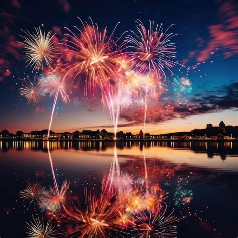 Premium Photo View Of Fireworks Lighting Up The Sky Above A River