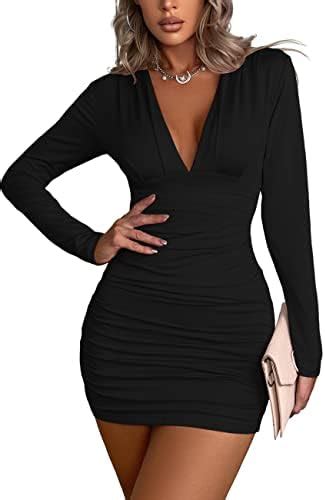 Halife Womens Sexy V Neck Ruched Bodycon Dress Long Sleeve Sexy Party