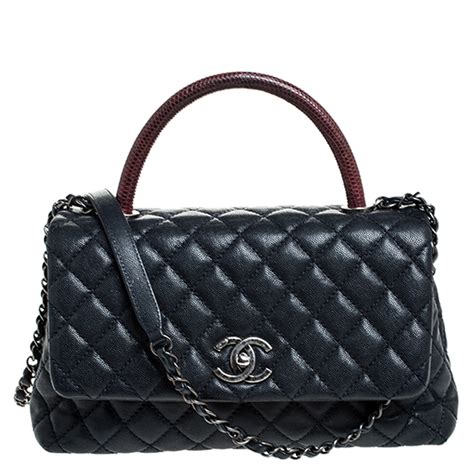 Chanel Navy Blue Quilted Caviar Leather Medium Lizard Handle Coco Flap