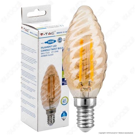 V Tac VT 1948 Lampadina LED E14 4W Candela Twist Filamento Ambrata