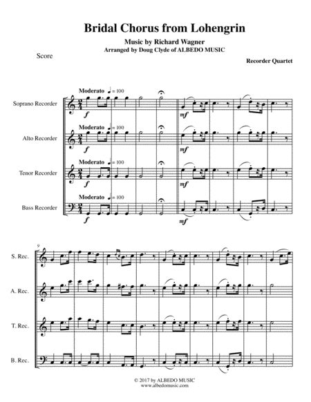 Wagner Bridal Chorus From Lohengrin For Recorder Quartet By Richard