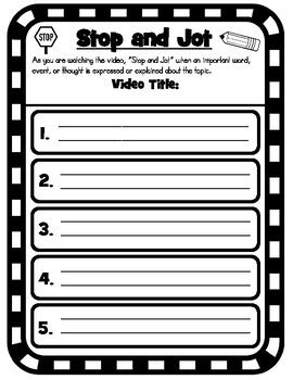 Stop And Jot Video Note Taking Graphic Organizer Tpt