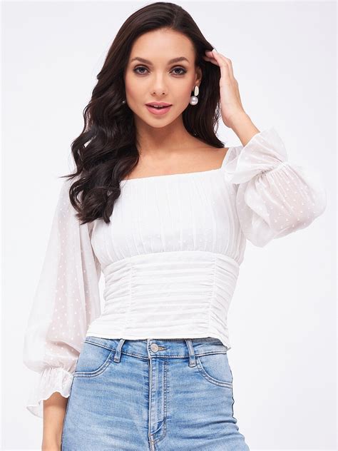 Buy Harpa Puff Sleeve Smocked Cinched Waist Crop Top Tops For Women