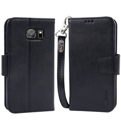 Arae Case Compatible For Samsung Galaxy S6 Wrist Strap Flip Folio Kickstand Feature Pu