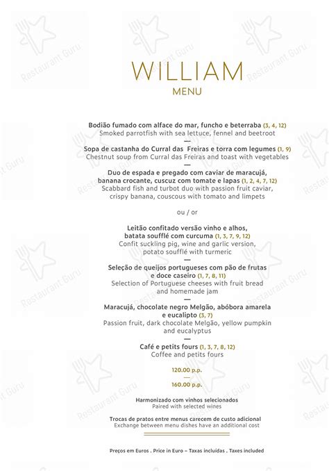 Menu at William Restaurant, Funchal