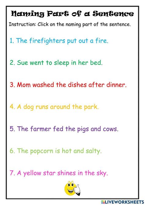 Naming Part Of A Sentence Interactive Worksheet Live Worksheets