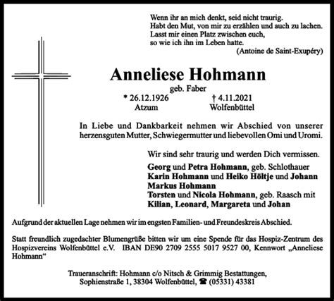 Traueranzeigen Von Anneliese Hohmann Trauer De