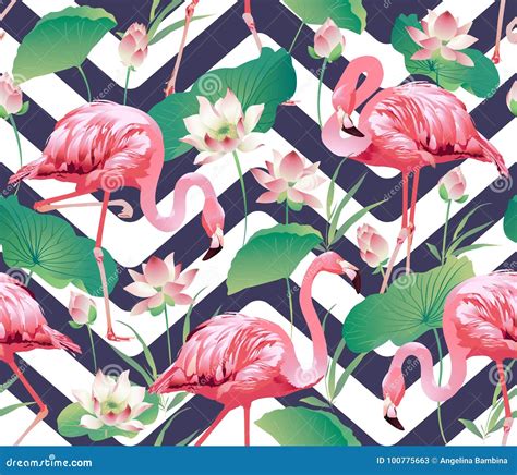 Flamingo Bird And Tropical Lotus Flowers Background Seamless Pattern