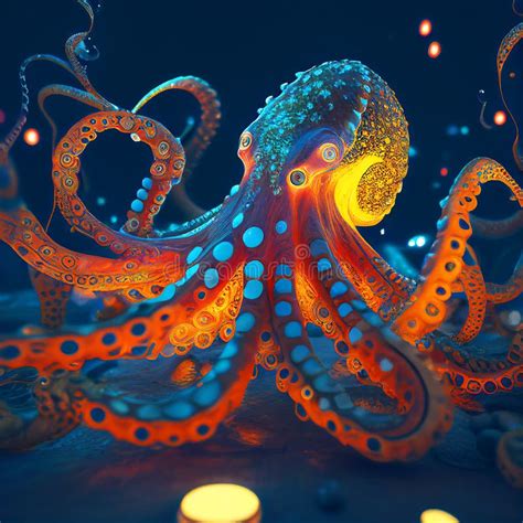 Fantasy Octopus Generative Ai Illustration With Neon Lights Stock