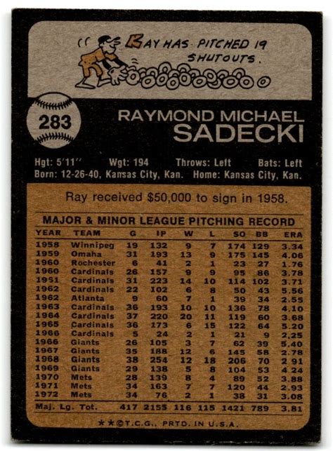 1973 Topps Ray Sadecki New York Mets 283 EBay