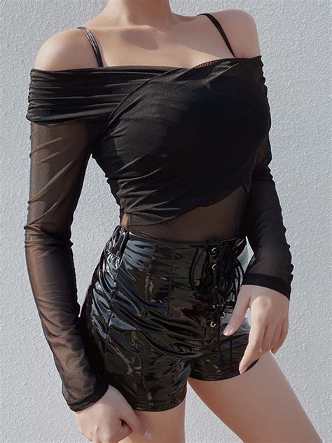 Black Off Shoulder Long Sleeve Sheer Mesh Bodysuit Choies