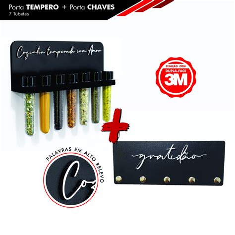 Kit Suporte Para Tempero 7 Tubetes Porta Chaves Gratidão Decoração