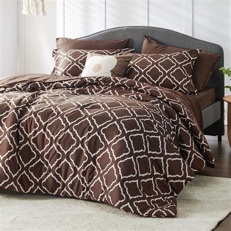 Amazon Bedsure Full Comforter Set 7 Pieces Brown Quatrefoil