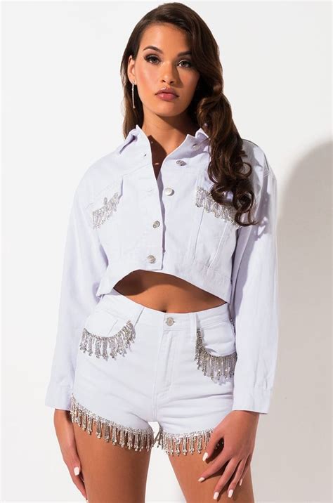 Akira Label Rhinestone Fringe Cropped Denim Jacket In White Black Cropped Denim Jacket Stage