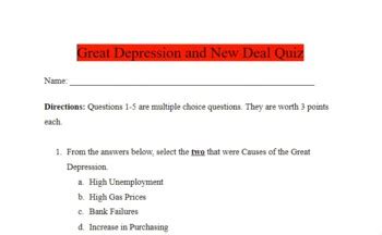 Great Depression And New Deal Quiz By E Williams History Tpt