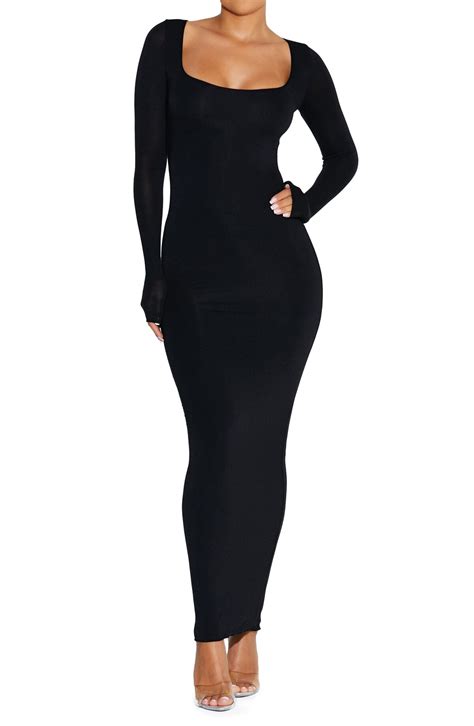 Naked Wardrobe Square Neck Long Sleeve Maxi Dress Black Editorialist