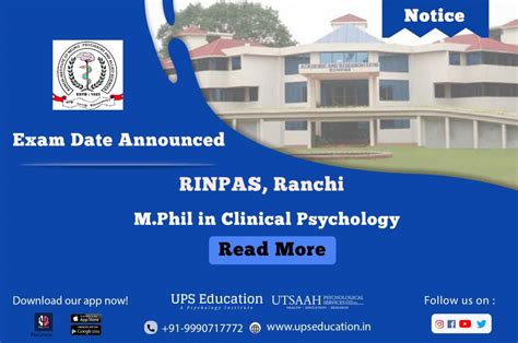 Rinpas Ranchi M Phil In Clinical Psychology Entrance Test Date