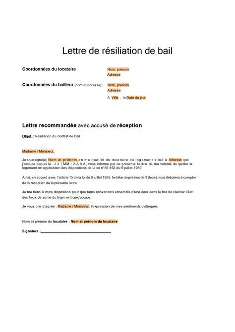 Lettre De R Siliation D Un Bail De Location Par Le Locataire The Best