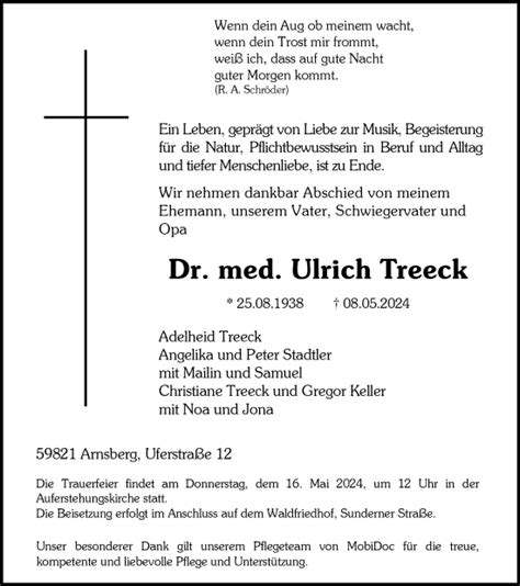 Traueranzeigen Von Dr Med Ulrich Treeck Trauer In Nrw De