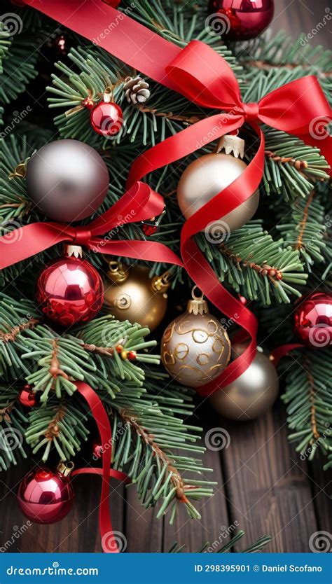 Photo Of Christmas Pine Tree Branches Decorated With Jingle Bells And