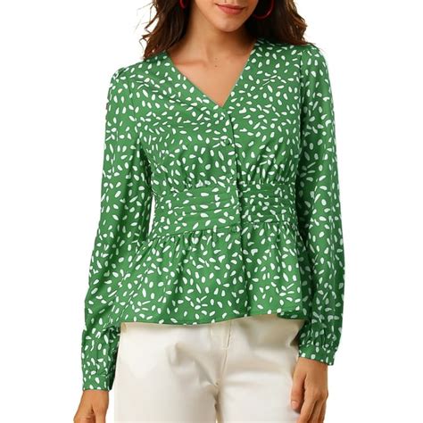 Allegra K Women S Elegant Dots V Neck Smocked Ruffled Hem Peplum Top