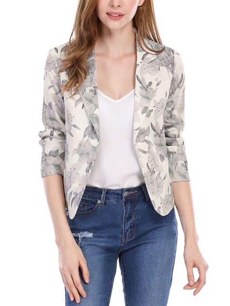 Unique Bargains Unique Bargains Womens Floral Print Blazer Jacket Notched Lapel Open Front