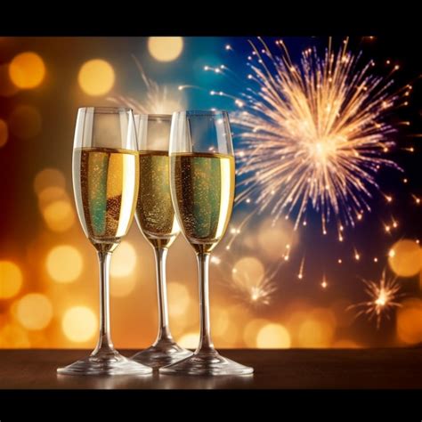 Premium Photo Three Champagne Flutes With Fireworks In The Background