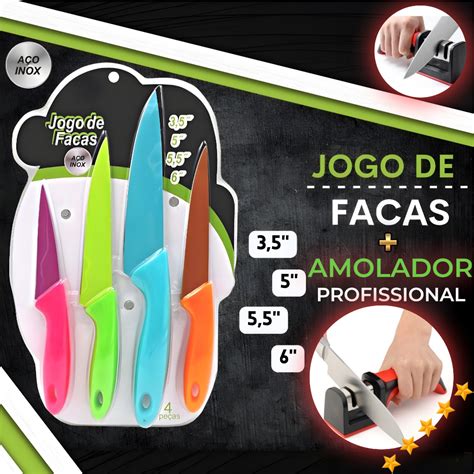 Kit Jogo De Facas A O Inox Cozinha Kit Facas Coloridas Amolador