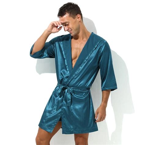 Sexy Sleepwear Men Robes Bathrobes Soft Silky Short Sleeve Nightgown