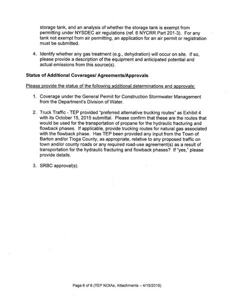 NYSDEC Letter to Tioga Energy Partners re: Notice of incomplete Application for Propane ...