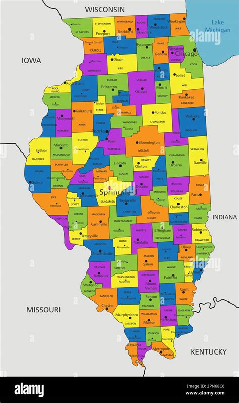 Colorido mapa político de Illinois con capas claramente etiquetadas y