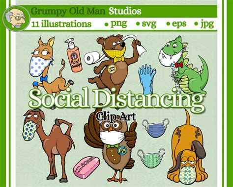 Social distancing clip art cute animals with face masks | Etsy