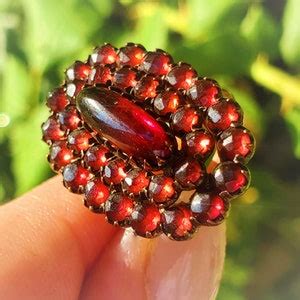 Victorian Bohemian Garnet Rose Cut Cabochon Large Cluster Ring 14K