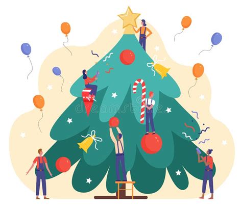 Decoren El árbol De Navidad Dibujos Animados Gente Pequeña Decorando