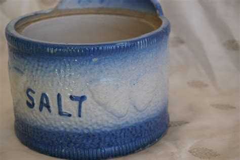 Antique Blue White Ceramic Salt Container Blue Vintage Stoneware