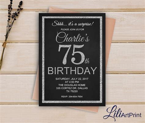 75th Birthday Invitation Silver Invitation Silver Glitter Etsy