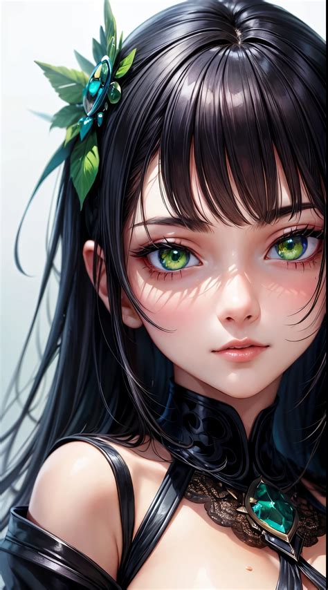 Anime Girl With Green Eyes And Black Hair With A Flower In Her Hair