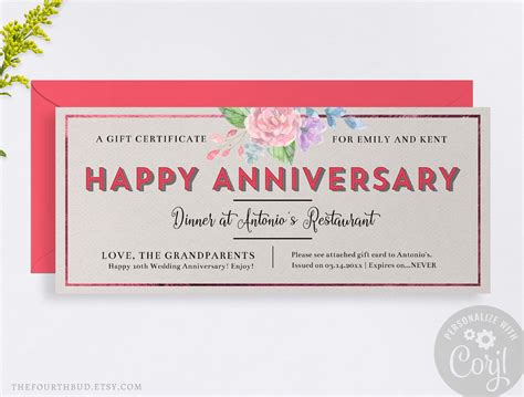 Happy Anniversary Gift Certificate / Printable Gift Voucher Template ...