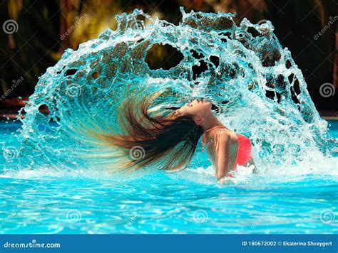 Woman Splashing A Water Stock Photo Image Of Girl Enjoy 180672002