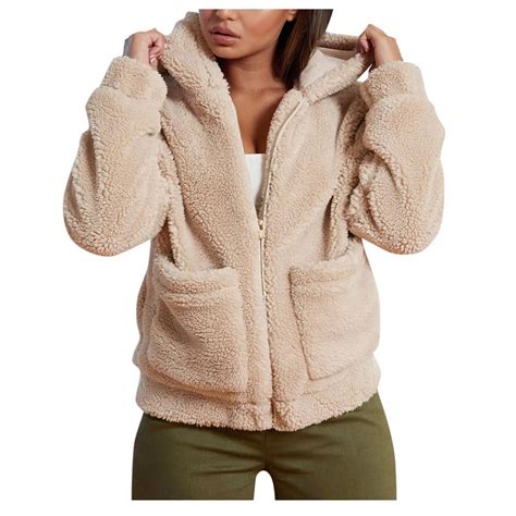 Buy Women S Coat Lapel Fleece Fuzzy Faux Shearling Zipper Hooded Warm