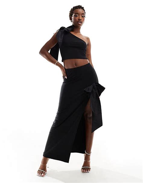 Asos Design Maxi Skirt With Extreme Split And Bow Detail In Black Part Of A Set Asos