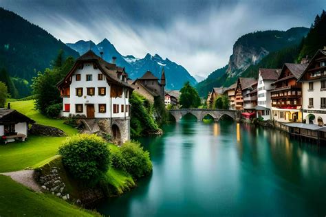 Photo Wallpaper The Sky Mountains River Houses Switzerland Alpine